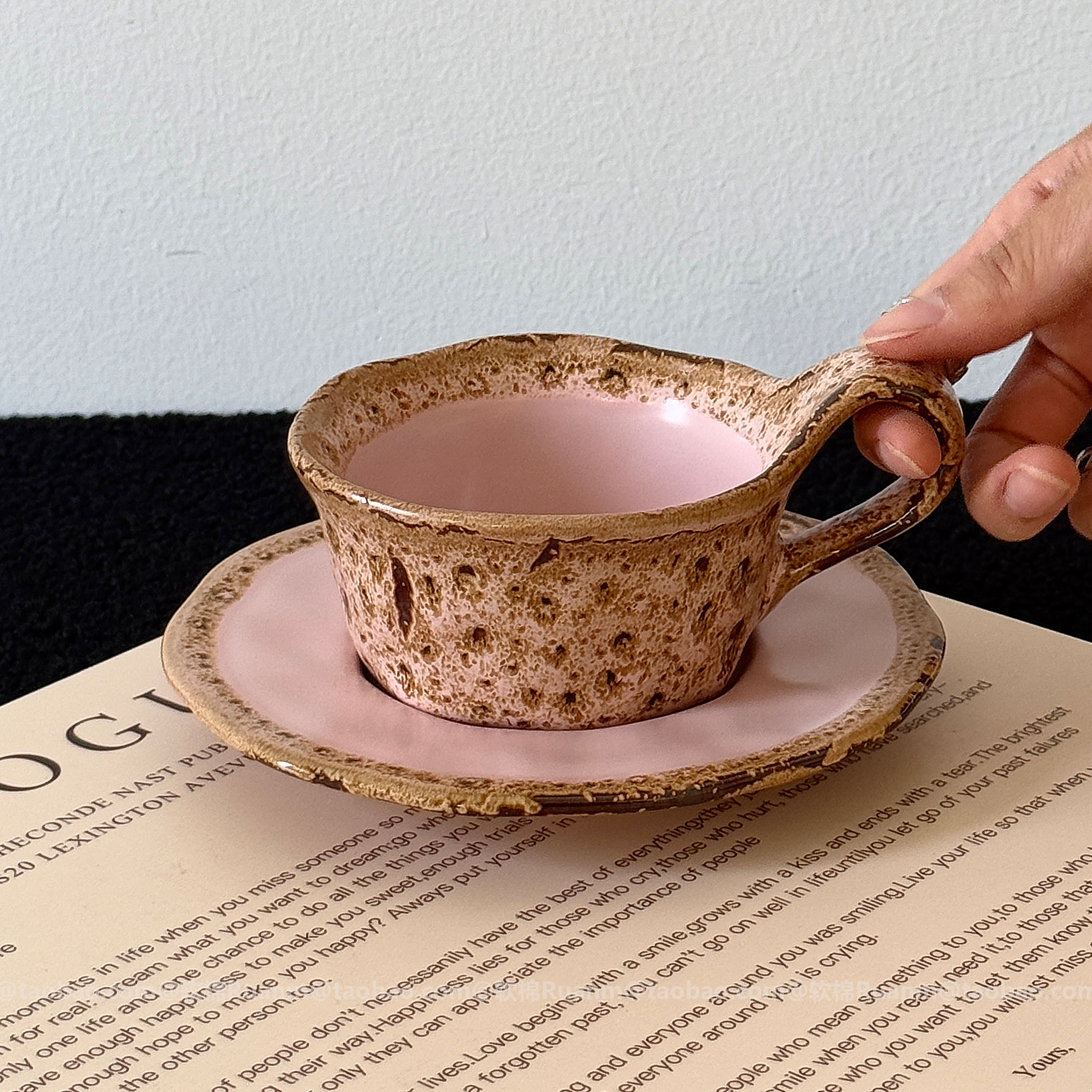 中古窑变粉红豹褶皱咖啡杯