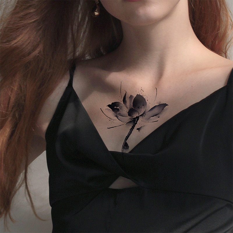 墨印记纹身贴文艺遮疤痕持久贴纸2022新款女胸口身体贴花防水荷花