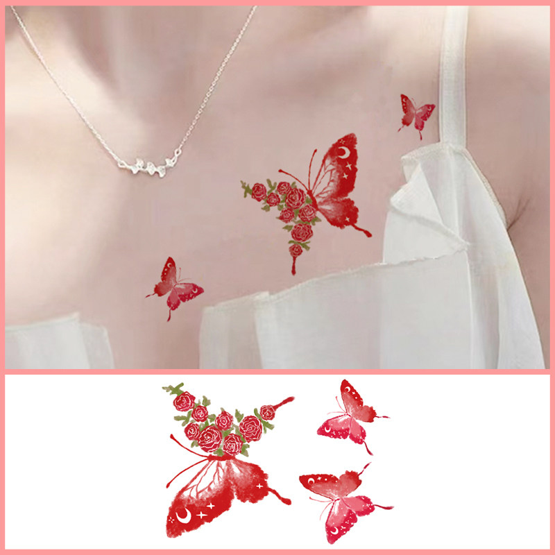 纹身贴日落玫瑰海粉色蝴蝶玫瑰花月少女之诗少女手背锁骨纹身贴