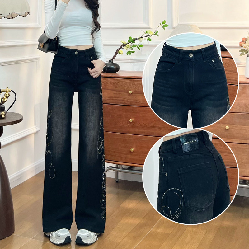 黑灰烫钻阔腿牛仔裤女春秋季2026新款宽松超火百搭韩版高级直筒裤