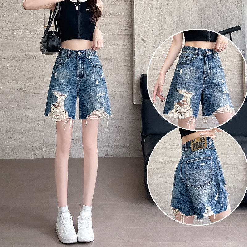 破洞五分牛仔短裤女夏季薄款2026年新款时尚宽松辣妹显瘦乞丐短裤