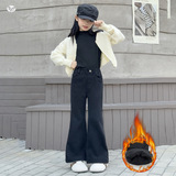 女童加绒喇叭裤年秋冬新款中大童复古修身牛仔微喇裤休闲长裤，童装裤子，摩比熊