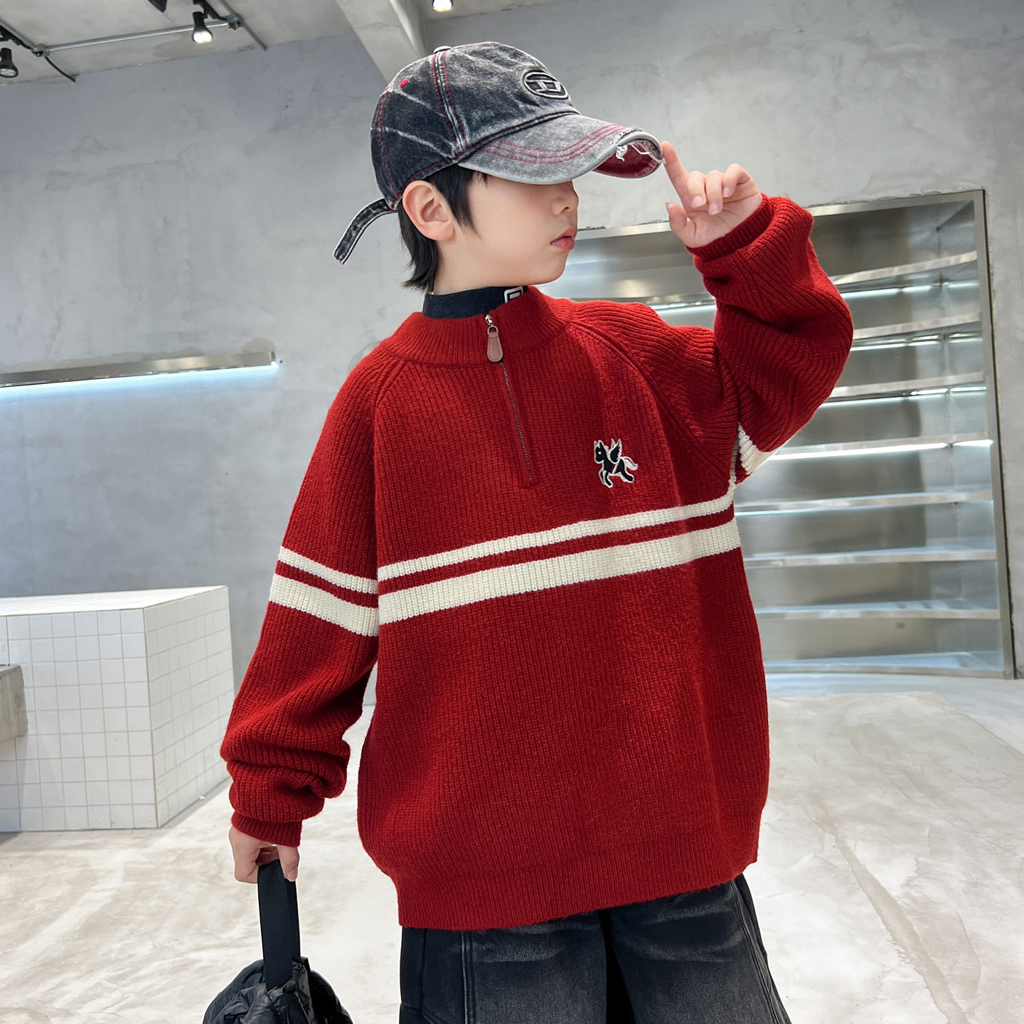 男童毛衣新款秋冬男孩大儿童冬装高领半开衫加厚上衣针织衫潮，童装毛衣，摩比熊