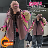 女童韩版休闲宽松拼色夹棉冲锋洋气女孩运动加厚连帽外套，童装外套，摩比熊