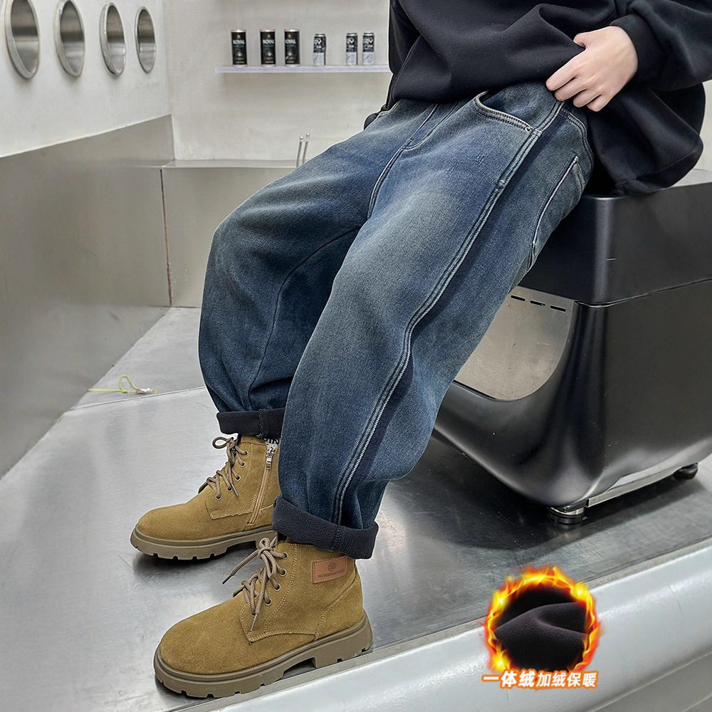 男童一体加绒加厚牛仔裤子秋冬款新款冬季大儿童冬装男孩休闲，童装裤子，摩比熊