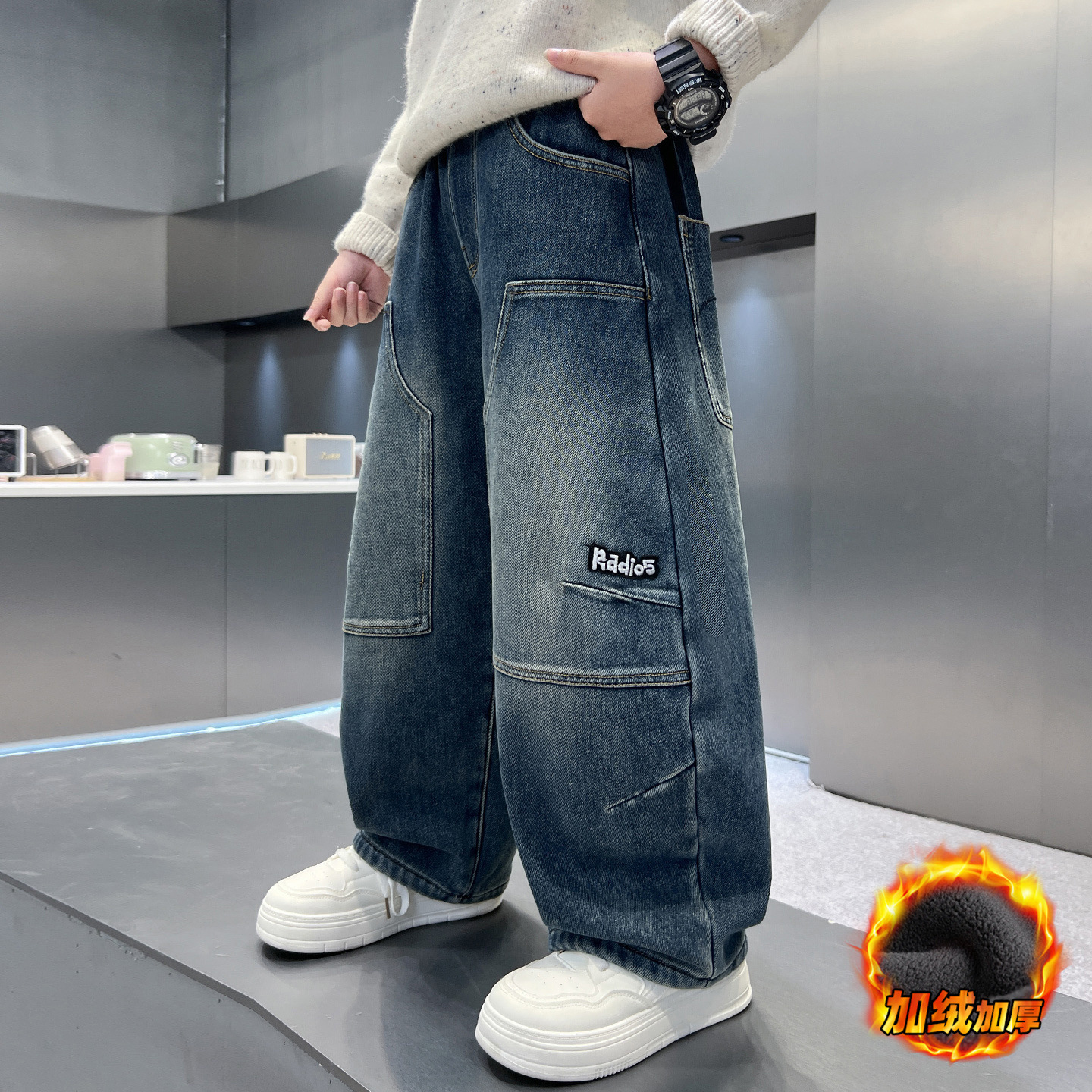 男童秋冬款裤子加绒加厚新款一体绒初中生冬季儿童牛仔长裤潮，童装裤子，摩比熊