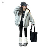 女童保暖外套冬季新款双面穿毛毛衣中大童休闲短款派克服冬装，童装外套，摩比熊