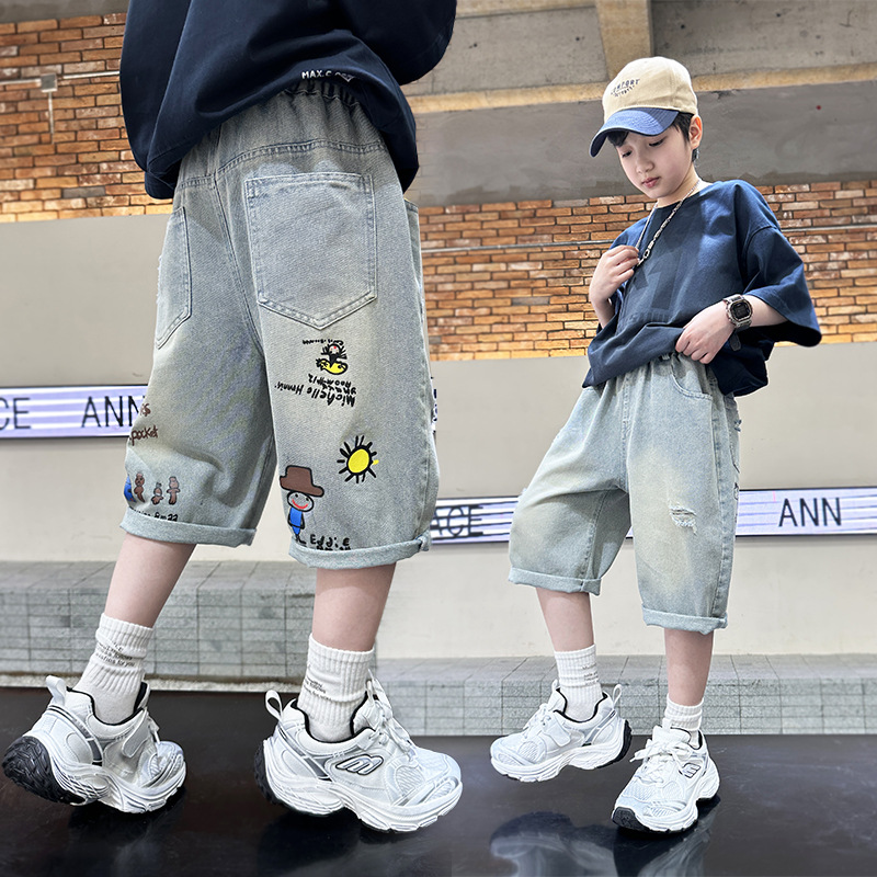 男童牛仔短裤夏季薄款新款儿童七分裤子韩版男孩中裤外穿潮牌，童装裤子，摩比熊