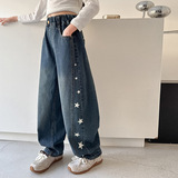 女童复古宽松牛仔裤春秋装中大童秋装儿童直筒长裤阔腿裤，童装裤子，摩比熊