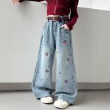 女童加绒牛仔裤秋冬装新款大童洋气加厚阔腿裤女孩冬季长裤子，童装裤子，摩比熊