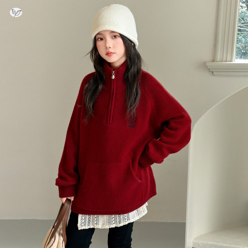 女童加厚毛衣冬季新款中长款针织裙中大童半拉链刺绣上衣冬装，童装毛衣，摩比熊