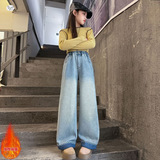 女童加绒阔腿裤年秋冬新款中大童撞色卷边牛仔裤刺绣直筒长裤，童装裤子，摩比熊