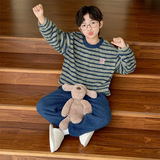 男童条纹套头睡衣加厚中大童秋冬款时髦绒软糯家居服男孩外穿套装，童装家居服（睡衣），摩比熊