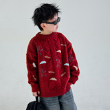 男童秋冬季毛衣新款中大童马年冬装加厚儿童本命年红色毛线衣，童装毛衣，摩比熊