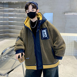 男童秋冬夹棉摇粒绒毛毛衣外套大童新款冬季连帽加厚保暖上衣，童装外套，摩比熊