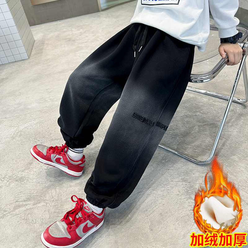 童装男童秋冬加绒渐变运动针织裤大童冬装宽松休闲一体绒裤子，童装裤子，摩比熊