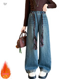 女童牛仔裤加绒加厚年秋冬新款脚口刺绣阔腿裤中大童休闲长裤，童装裤子，摩比熊