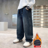 儿童装男童加绒裤子秋冬新款中大童男孩牛仔裤加厚保暖冬装潮，童装裤子，摩比熊