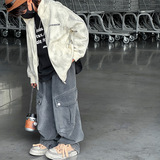 男童时髦深秋款一体绒加厚牛仔裤新款中大儿童男孩工装宽松裤，童装裤子，摩比熊