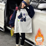 女童加绒卫衣裙新款卡通印花长袖T恤中大童撞色插肩上衣，童装卫衣/绒衫，摩比熊