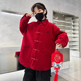 男童拜年服外套汉服新款中大儿童喜庆红色新年棉服唐装上衣潮，童装棉衣，摩比熊