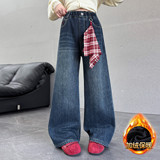女童加绒裤子冬季女大童韩版超好看阔腿裤女孩初中生加厚牛仔裤潮，童装裤子，摩比熊