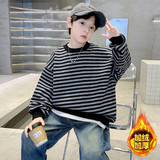 男童加绒卫衣款新款儿童毛线条纹上衣大童冬季加厚一体绒，童装卫衣/绒衫，摩比熊