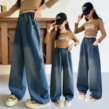 女童牛仔裤春秋宽松潮酷大童秋季休闲阔腿裤秋款儿童裤子，童装裤子，摩比熊