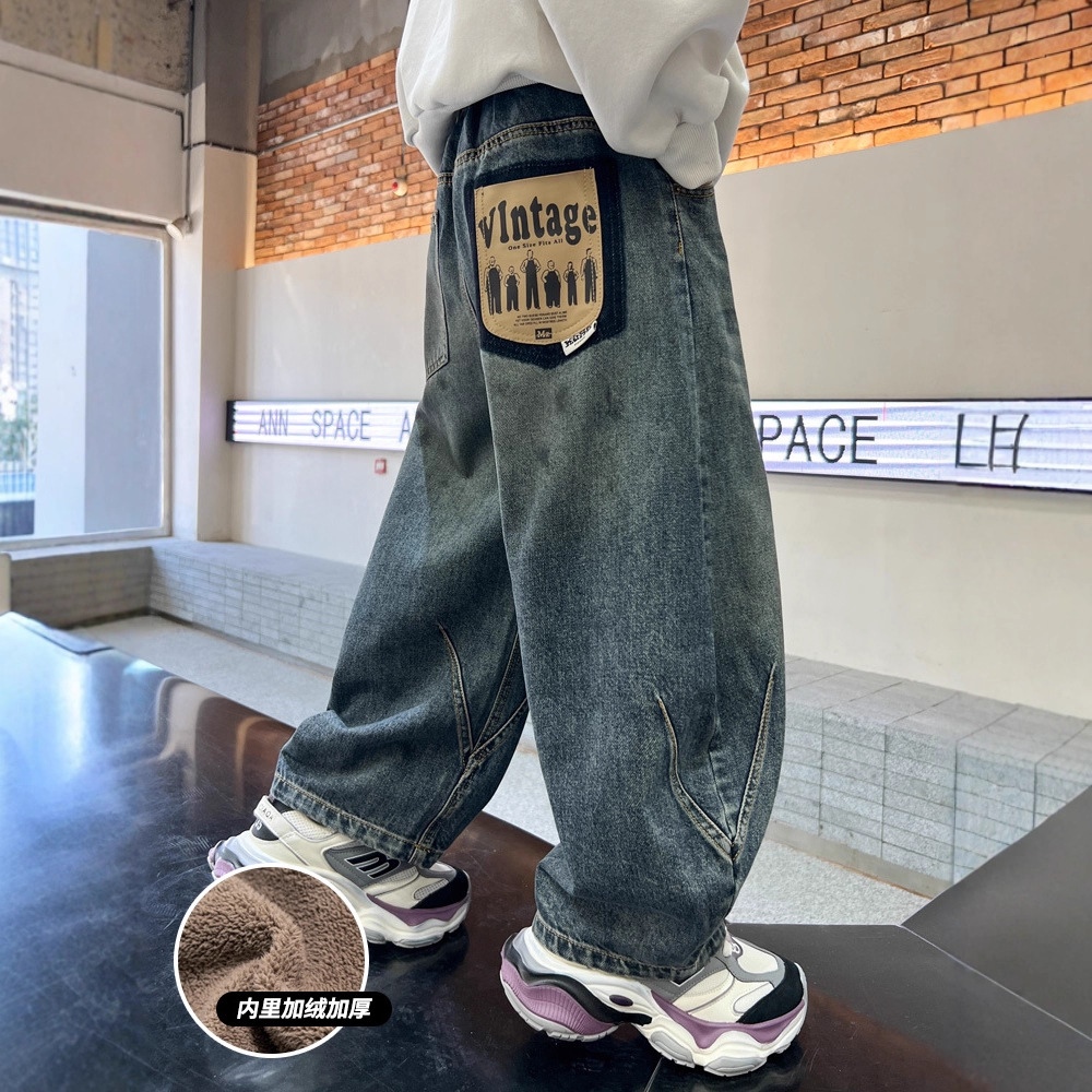 男童加绒牛仔裤新款秋冬款一体绒裤子中大儿童加厚冬季保暖潮，童装裤子，摩比熊