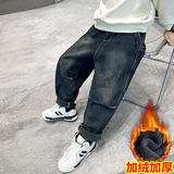 男童冬季一体加绒褶皱牛仔裤新款儿童装加厚保暖裤子，童装裤子，摩比熊