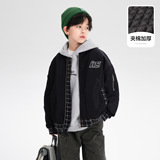 男童冬装韩范毛呢格子拼接棒球棉服新款儿童加厚夹棉保暖外套，童装棉衣，摩比熊