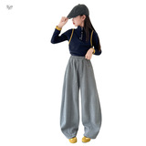 女童年冬季新款小清新十字花刺绣加绒弯刀裤女大童保暖休闲裤，童装裤子，摩比熊