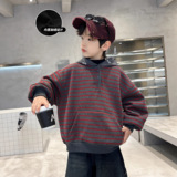 男童加绒卫衣新款冬装中大儿童加厚一体绒连帽条纹上衣潮，童装卫衣/绒衫，摩比熊