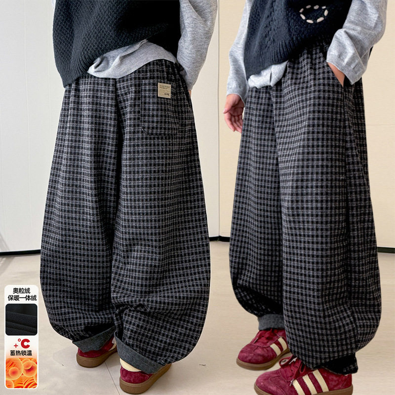 男童裤子冬季儿童加绒一体绒冬装格子裤秋冬新款灯笼裤潮男孩，童装裤子，摩比熊