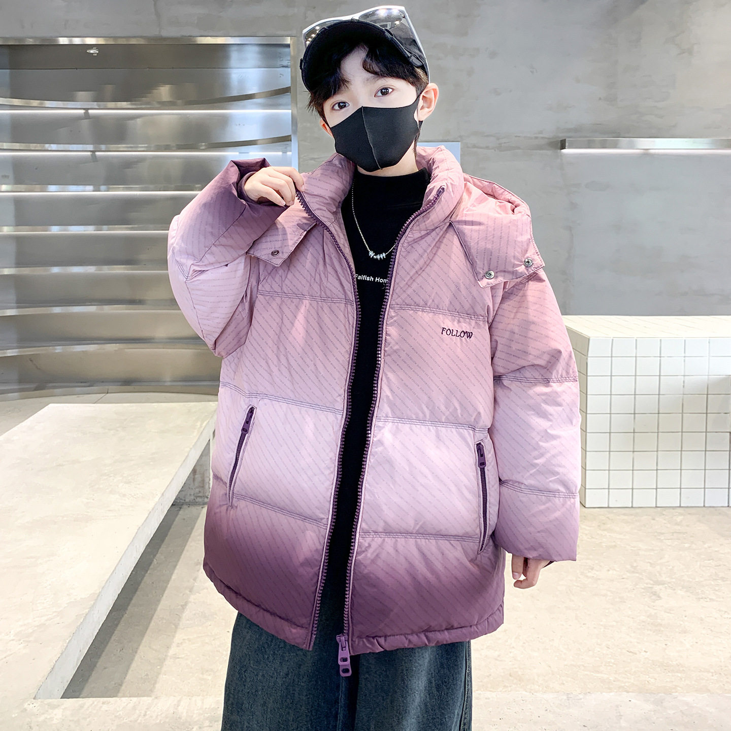 新款男童羽绒棉加厚棉袄中大童冬装洋气渐变连帽棉服外套，童装棉衣，摩比熊