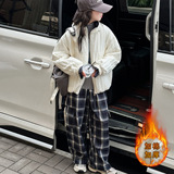 女童韩版翻领短款棉衣加厚拼格子上衣女孩宽松拉链棉服外套潮，童装外套，摩比熊