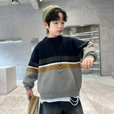 男童秋冬季套头毛衣新款大儿童装加厚保暖休闲拼色针织毛线衫，童装毛衣，摩比熊
