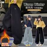 女童年冬季新款小清新十字花刺绣加绒弯刀裤女大童保暖休闲裤，童装裤子，摩比熊