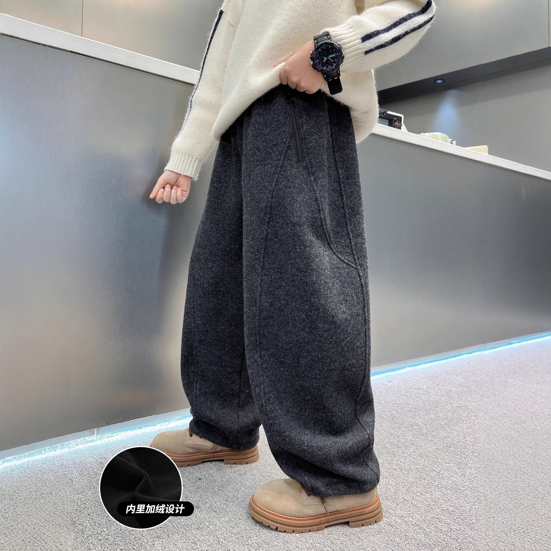 男童加绒裤子秋冬休闲裤一体绒新款大儿童毛呢长裤加厚冬装潮，童装裤子，摩比熊