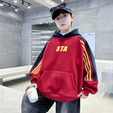 男童冬季装拼色卫衣加绒加厚儿童插肩袖上衣一体绒青少年红色年服，童装卫衣/绒衫，摩比熊