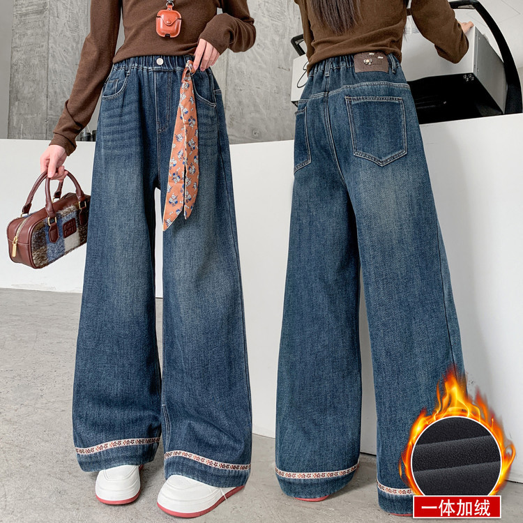 儿童新款秋冬季中大童牛仔裤新款休闲舒适洋气潮一体绒女童阔腿裤，童装裤子，摩比熊