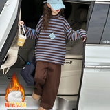 女童加厚毛衣套装冬季新款中大童条纹针织上衣加绒长裤两件套，童装休闲套装，摩比熊