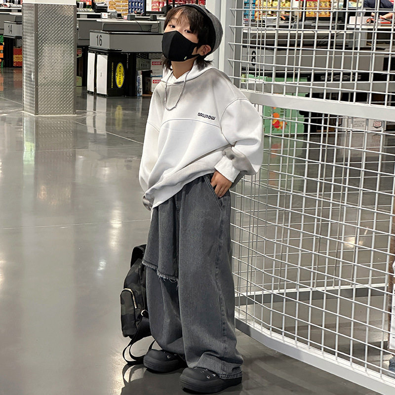 新款秋冬款男童休闲一体绒牛仔裤中大儿童男孩阔腿冬装裤子潮，童装裤子，摩比熊