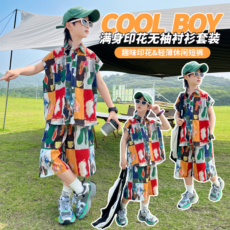 男童无袖套装韩版儿童中大童洋气花衬衫时髦夏装薄款两件套潮，童装休闲套装，摩比熊