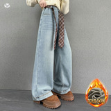 女童牛仔裤年秋冬加绒新款格纹腰带阔腿裤中大童休闲直筒长裤，童装裤子，摩比熊