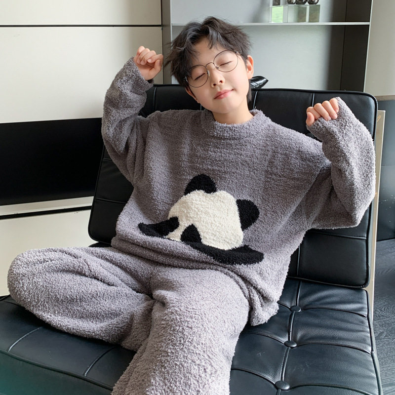 新款秋冬季时髦休闲加绒加厚家居服中大儿童男童睡衣套装潮牌，童装家居服（睡衣），摩比熊