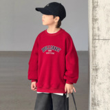 男童红色加绒卫衣一体绒新款季年服儿童上衣中大童打底衫，童装卫衣/绒衫，摩比熊