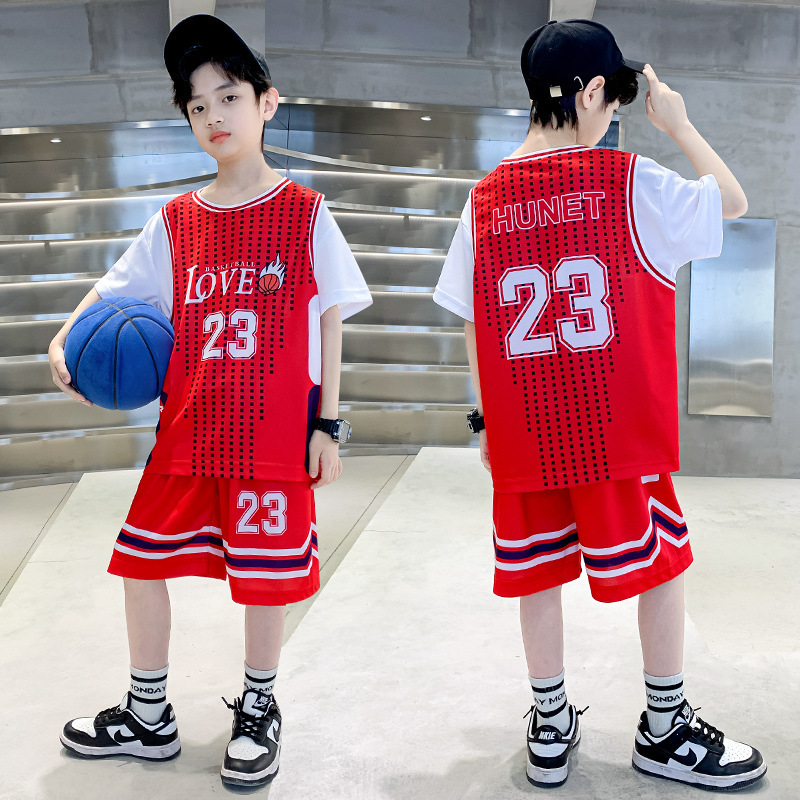 儿童装男童夏装套装新款夏季篮球服运动中大童薄款速干两件套，童装休闲套装，摩比熊