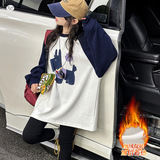 女童加绒卫衣裙新款卡通印花长袖T恤中大童撞色插肩上衣，童装卫衣/绒衫，摩比熊