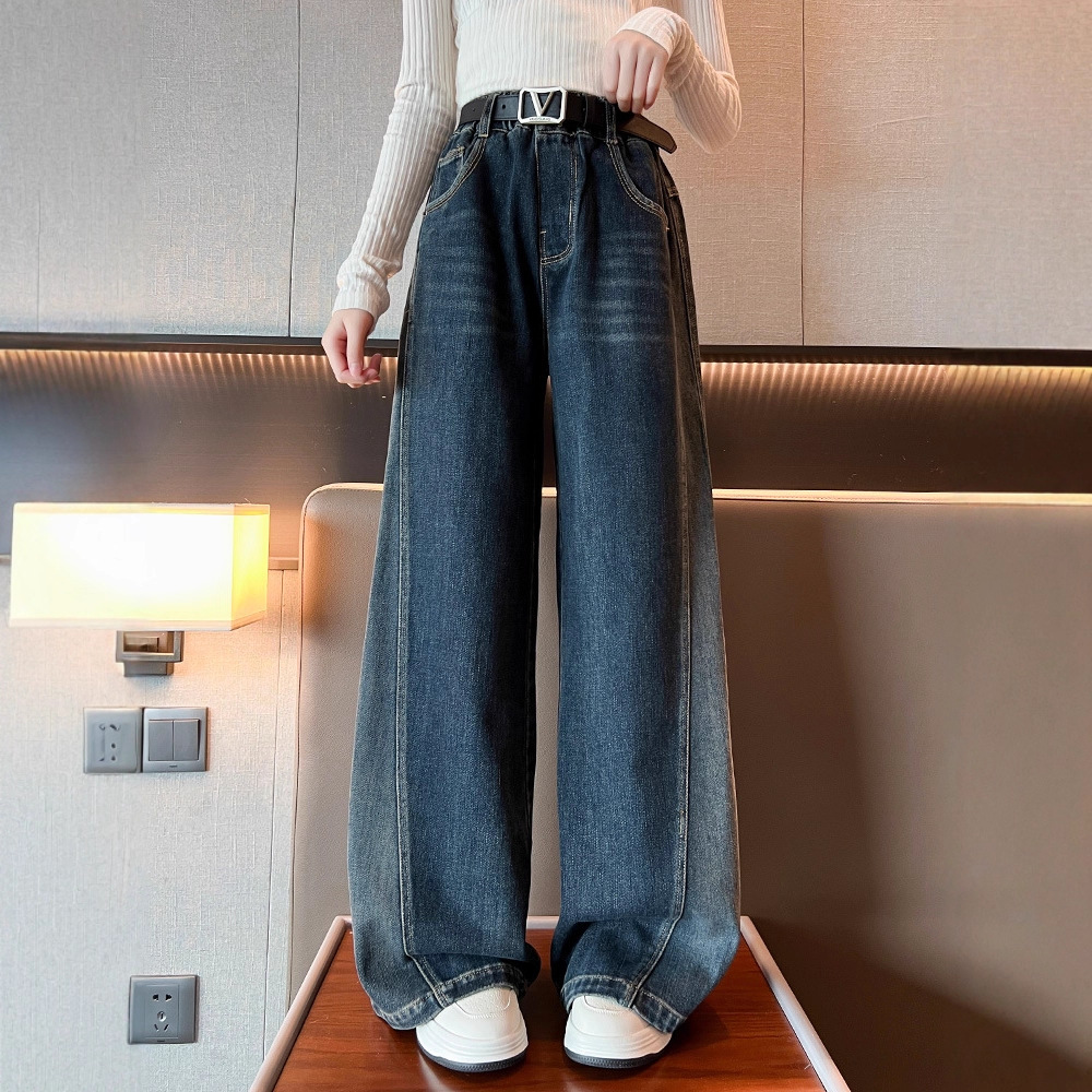 女童直筒牛仔裤长裤春秋新款儿童大童女孩初中生阔腿长裤秋装，童装裤子，摩比熊